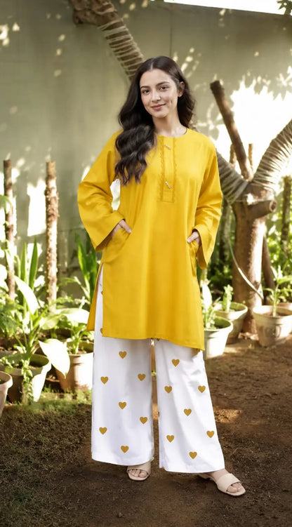 2 Pcs Women's Stitched Linen Plain Shirt And Trouser